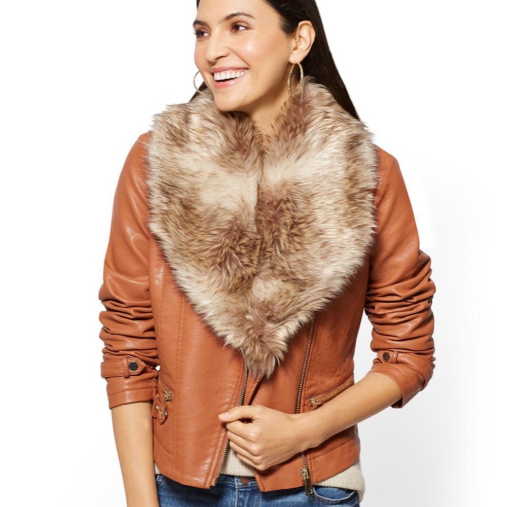 New York & Company Rust Brown Faux Leather Jacket with Taupe Faux Fur Collar